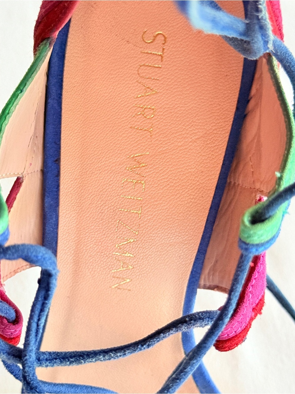 Stuart Weitzman Razzle Multicolor Suede Lace Up Stiletto Sandals Size 7 - Picture 12 of 16